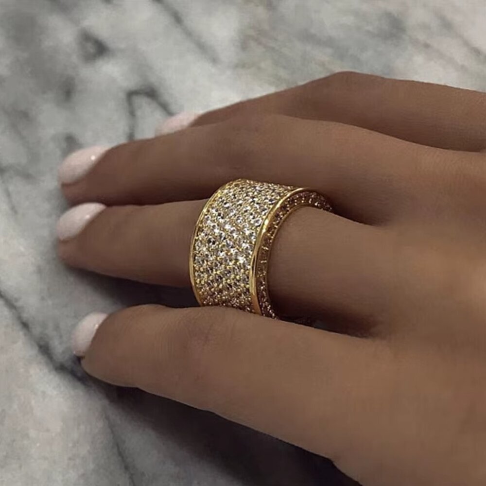 NEW 14k Yellow Gold Pave Diamond Ring Band Chunky Wide Eternity Ring